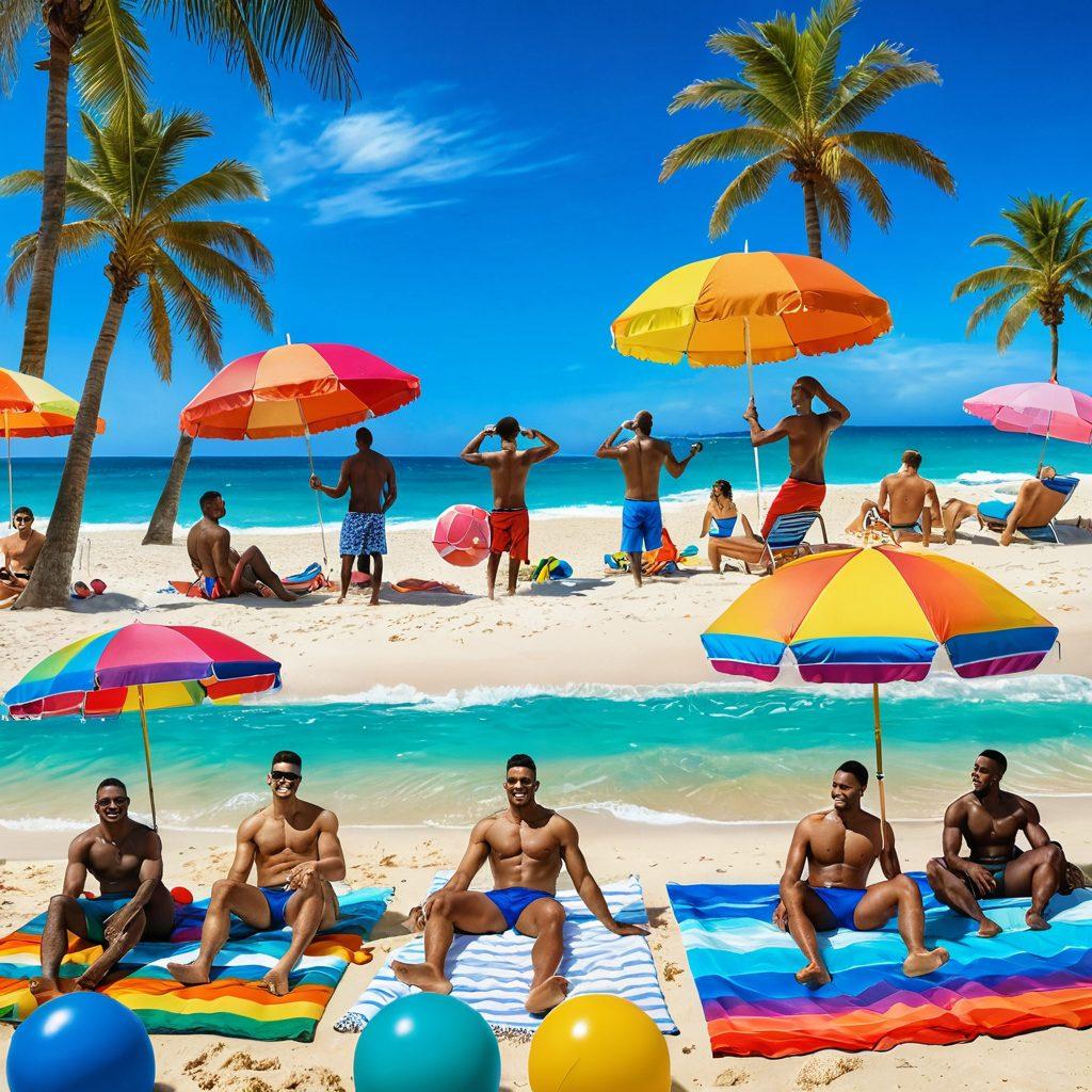 A vibrant beach scene showcasing a diverse group of men wearing trendy gay swimwear for 2023, splashing in the waves and sunbathing on colorful towels. The backdrop features palm trees, clear blue skies, and a rainbow beach umbrella. Add playful beach balls and flip-flops scattered in the sand to enhance the fun vibe. super-realistic. vibrant colors. summer atmosphere.