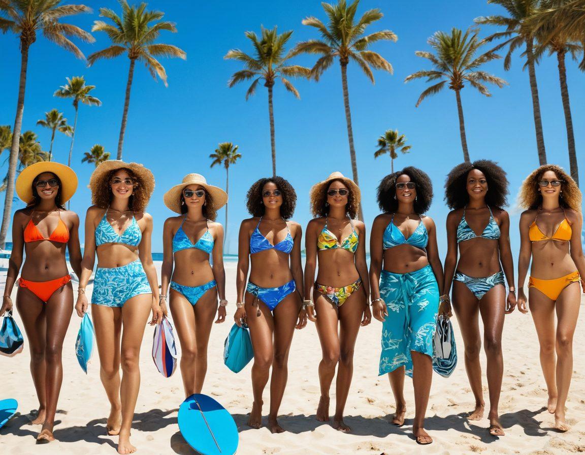 A vibrant beach scene featuring diverse individuals showcasing bold and trendy beachwear, including swimwear, accessories, and cover-ups in lively patterns and colors. The sun shines brightly in a clear blue sky, with palm trees swaying in the background. Include beach paraphernalia like surfboards and beach umbrellas, emphasizing inclusivity and fun fashion. The scene brims with energy and warmth, inviting viewers to embrace their unique style. super-realistic. bright colors. sunny atmosphere.
